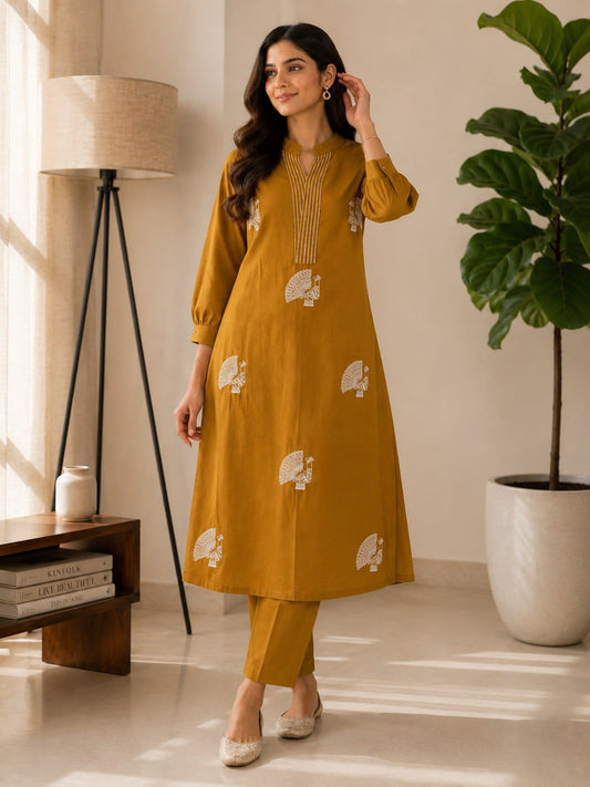 Mustard Premium Voile Cotton Embroidery Thread Work Co-ord Set – A-Line Top & Plain Palazzo (Fully Stitched) - front view | Nardev Fashions