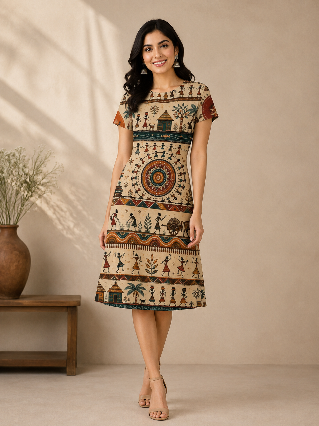 Beige Warli Art Printed A-Line Dress for Women - Western Wear - front view | Qikink