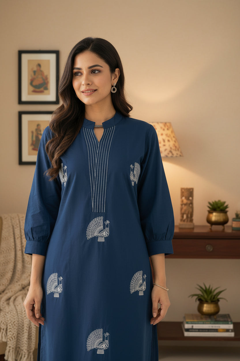 Navy Blue Premium Voile Cotton Embroidery Thread Work Co-ord Set – A-Line Top & Plain Palazzo (Fully Stitched) - front view | Nardev Fashions