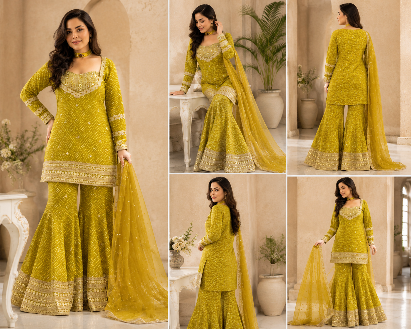 Mehndi Green Designer Chinon Silk Top Palazzo Dupatta Set – Digital Print & Sequence Embroidery (Fully Stitched) - Kurti Set - close-up detail view |...
