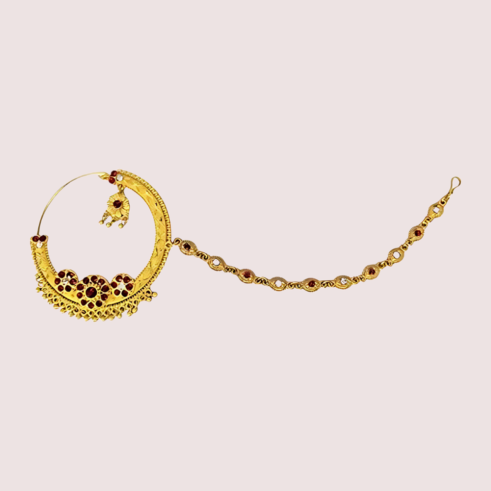 Women's Golden Designer Nose Ring, Stylish Golden Bridal Nath - Apparel - back view | Snazzyway