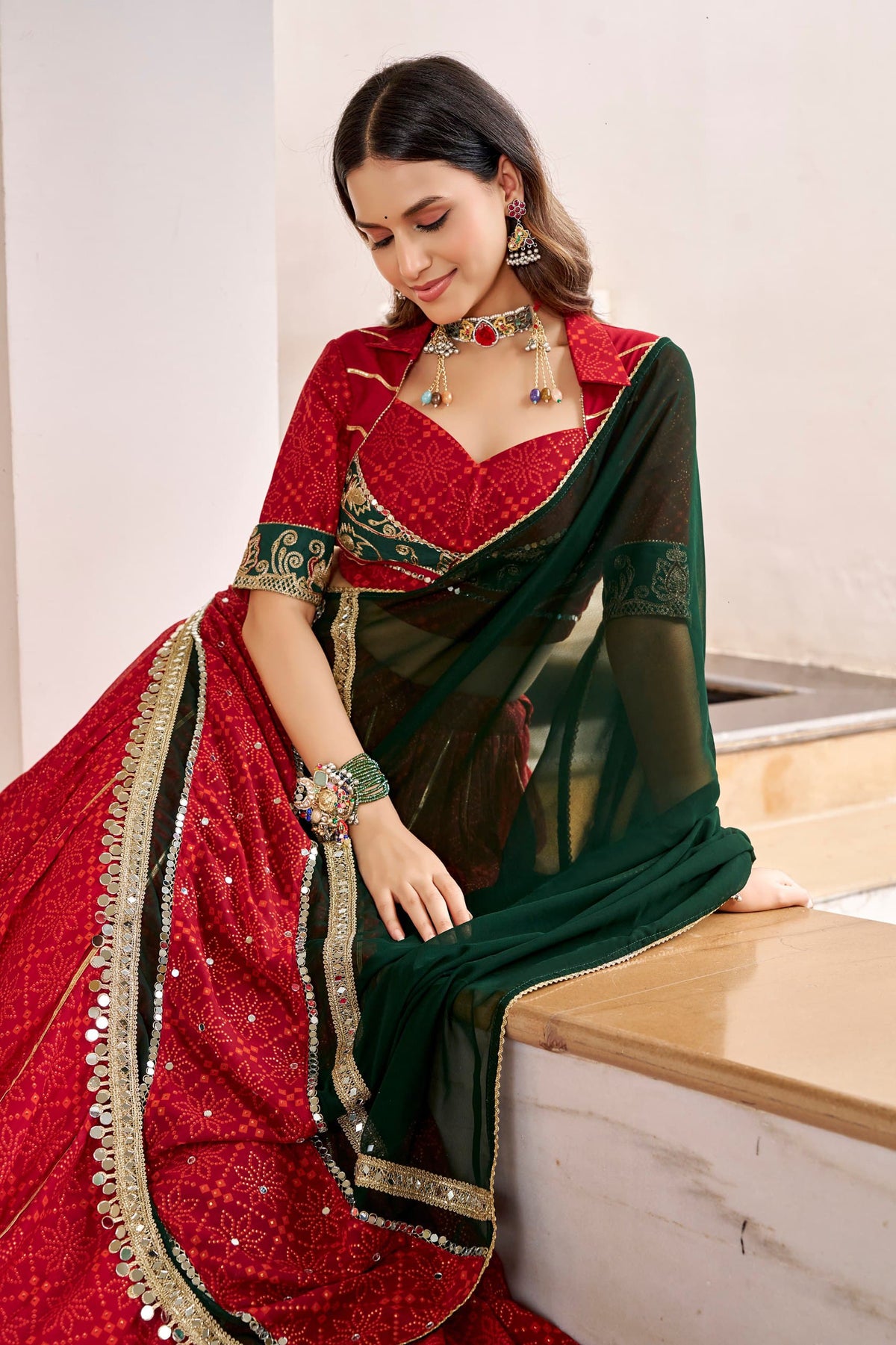 Crimson Red & Bottle Green Bandhej Foil Print Lehenga Choli Set - Western Wear - front view | Nardev Fashions