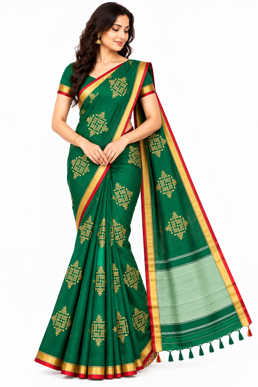 Bottle green Samruddhi Kolam handloom saree with red and gold border, front view