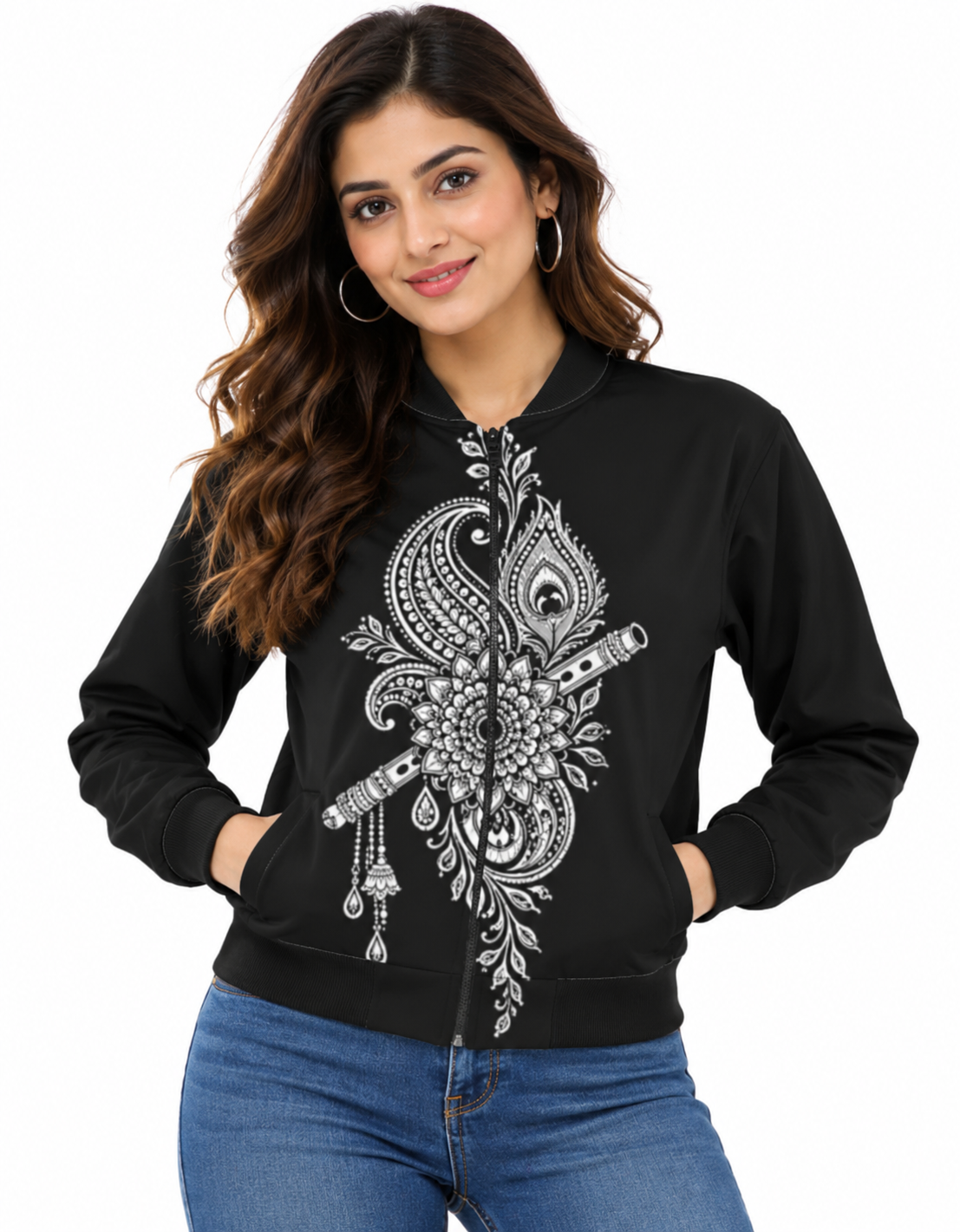 Women's Black Premium Poly Brushed Fleece Flight Bomber Jacket with Krishna-Inspired Paisley Mandala Mural Art Print – Two Pockets