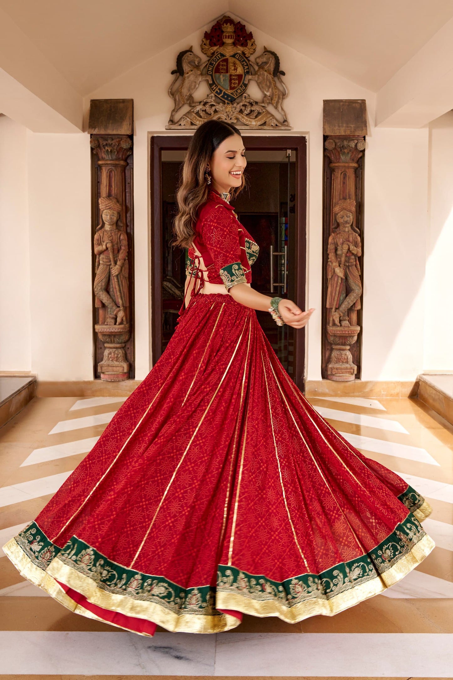 Crimson Red & Bottle Green Bandhej Foil Print Lehenga Choli Set - Western Wear - close-up detail view | Nardev Fashions