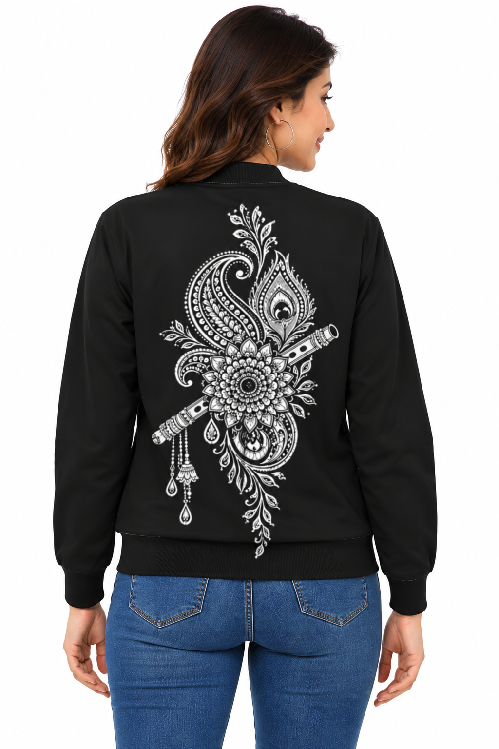 Women's Black Premium Poly Brushed Fleece Flight Bomber Jacket with Krishna-Inspired Paisley Mandala Mural Art Print – Two Pockets