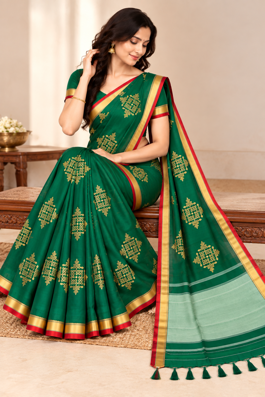 Back and side views of bottle green Kolam saree showing blouse and tasselled mint pallu