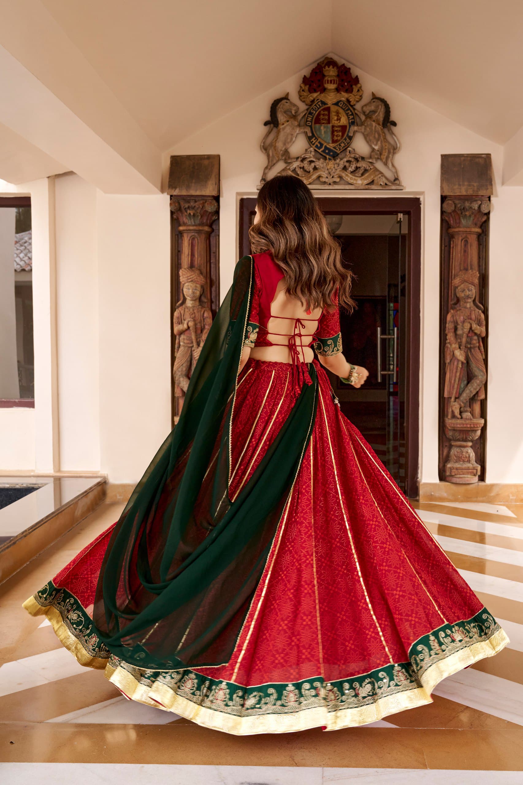 Crimson Red & Bottle Green Bandhej Foil Print Lehenga Choli Set - Western Wear - back view | Nardev Fashions