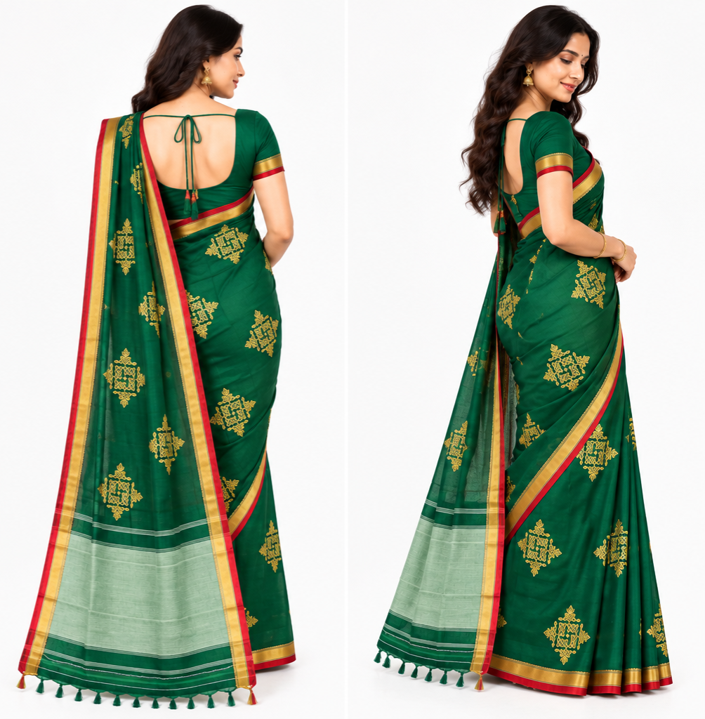 Bottle green Kolam handloom saree draped, studio front view