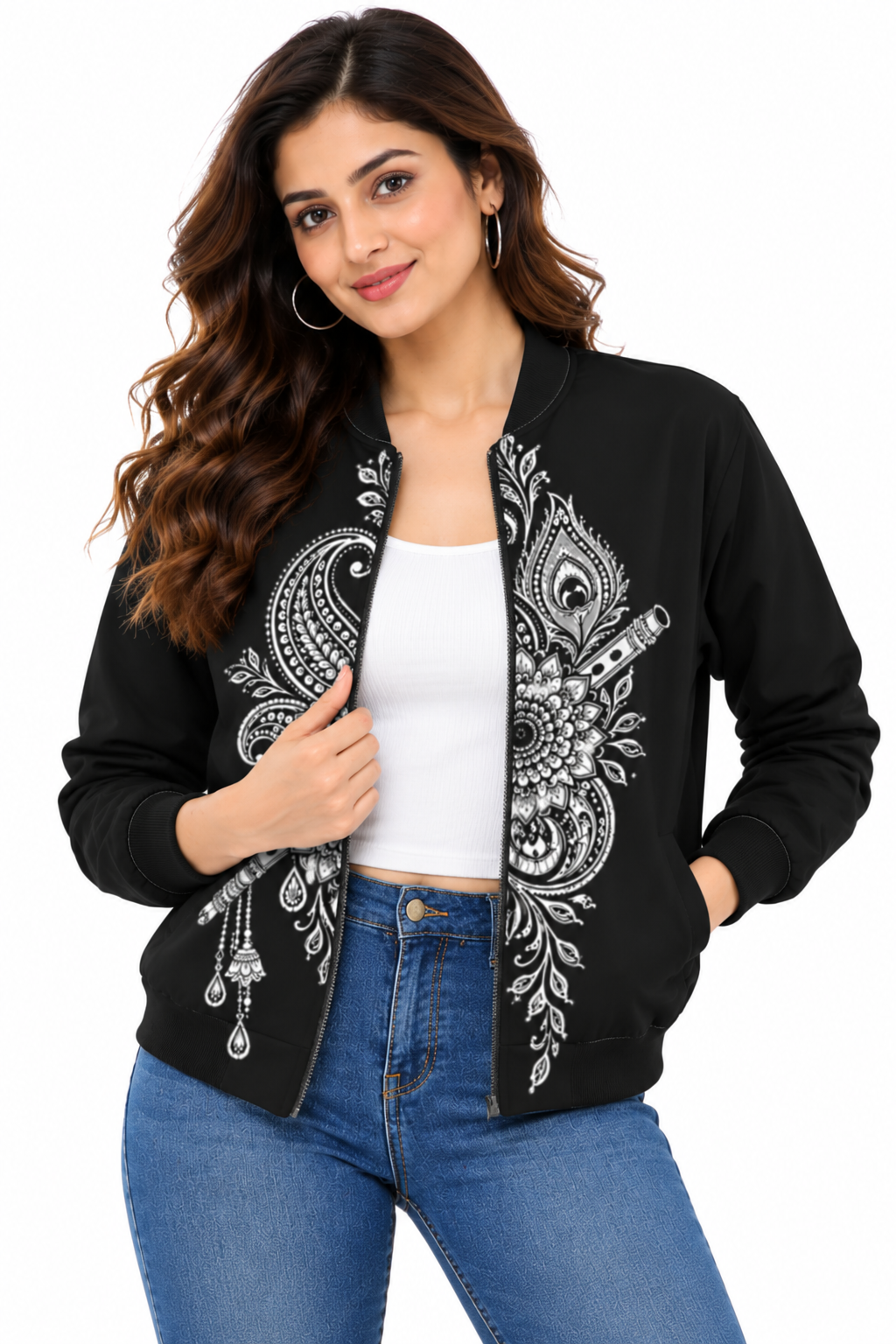 Women's Black Premium Poly Brushed Fleece Flight Bomber Jacket with Krishna-Inspired Paisley Mandala Mural Art Print – Two Pockets