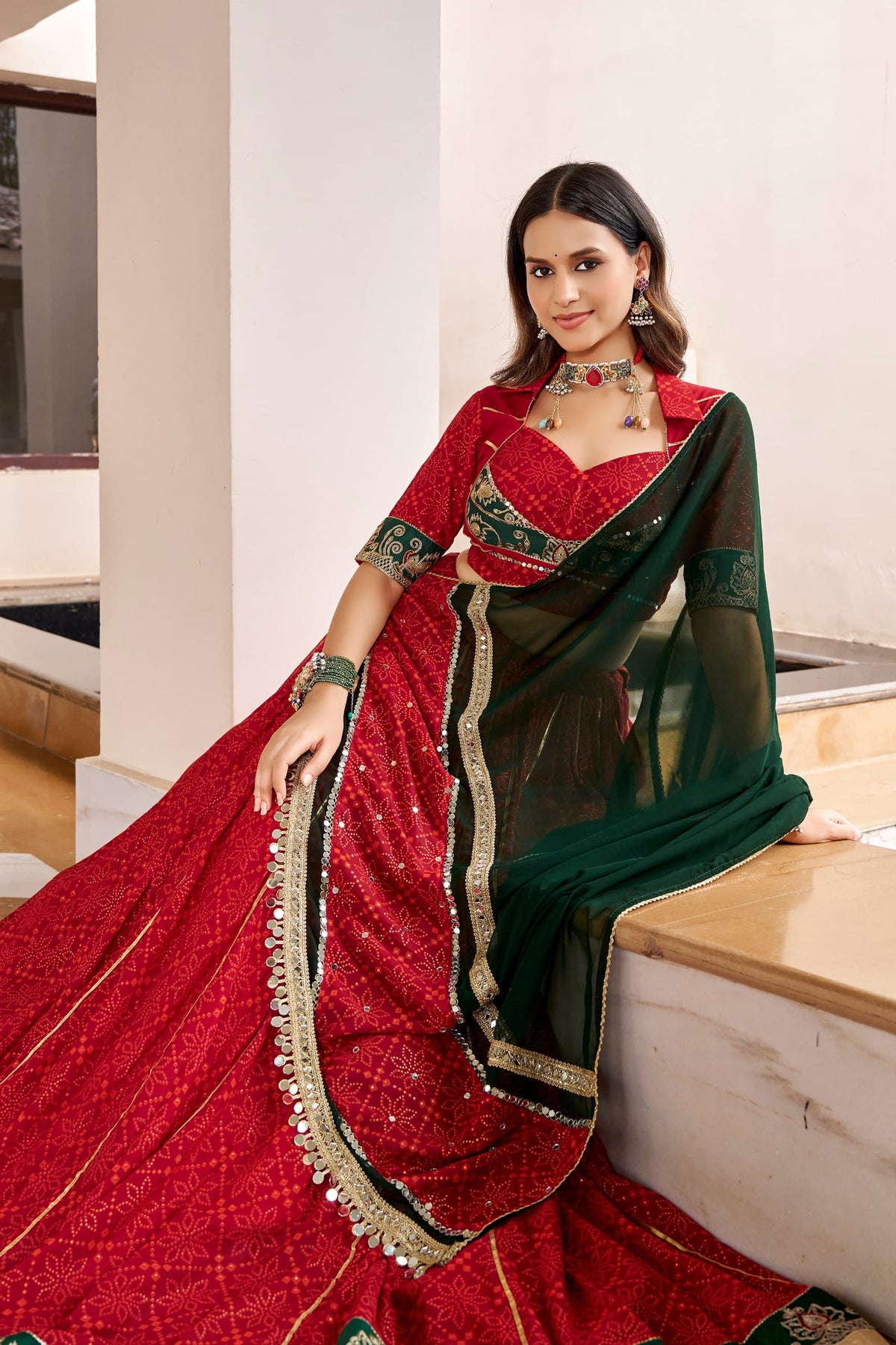 Crimson Red & Bottle Green Bandhej Foil Print Lehenga Choli Set - Western Wear - styled full look | Nardev Fashions
