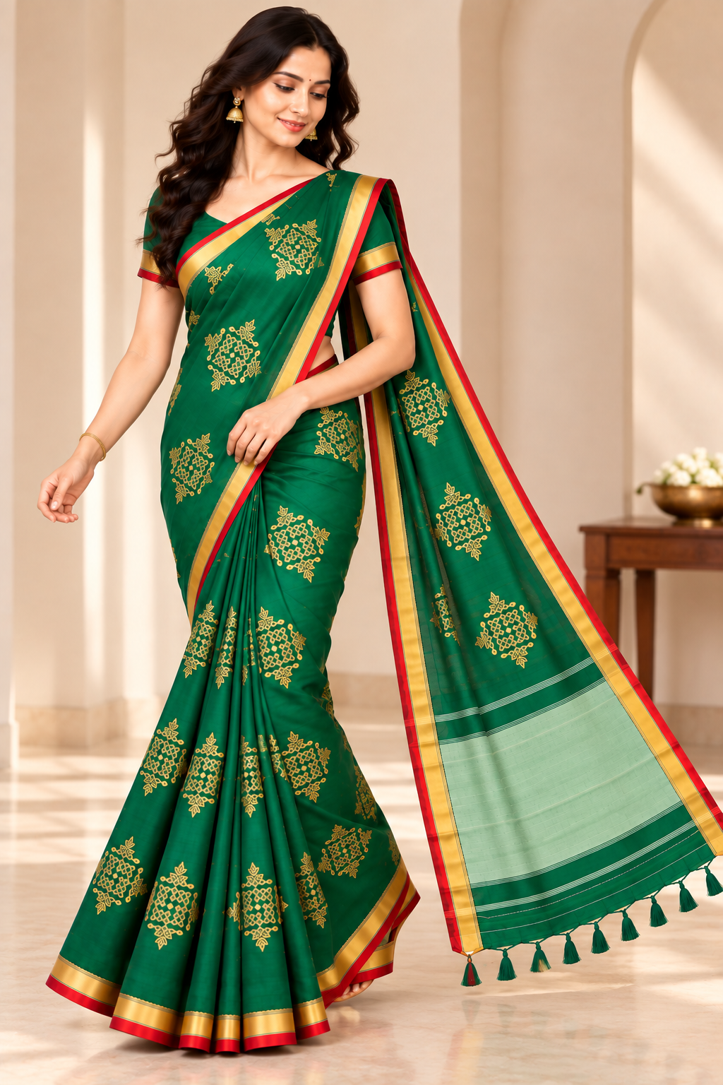 Seated view of bottle green Kolam saree showing gold zari border detail