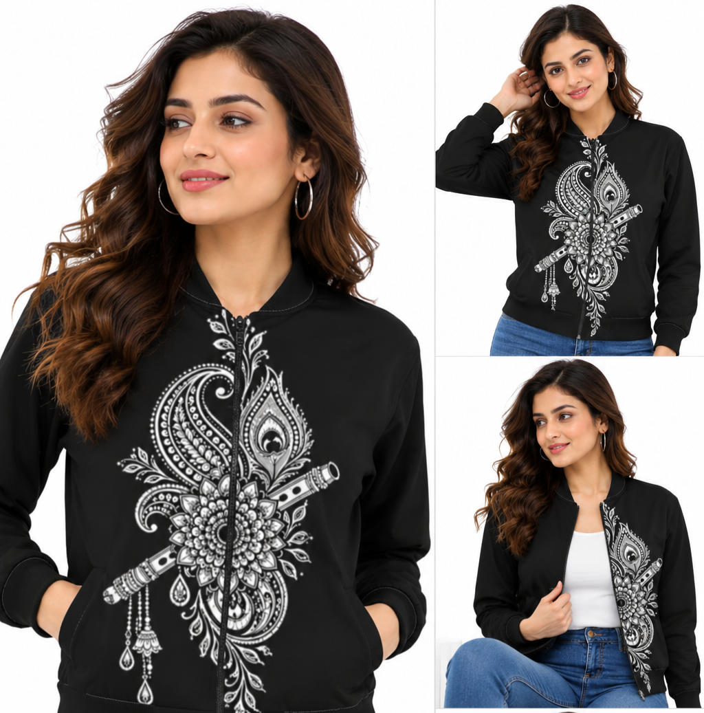 Women's Black Premium Poly Brushed Fleece Flight Bomber Jacket with Krishna-Inspired Paisley Mandala Mural Art Print – Two Pockets