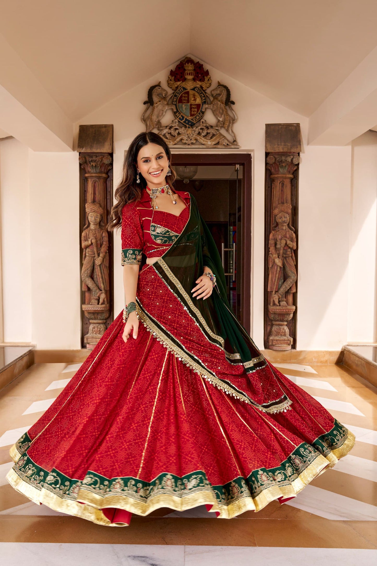 Crimson Red & Bottle Green Bandhej Foil Print Lehenga Choli Set - Western Wear - side view | Nardev Fashions