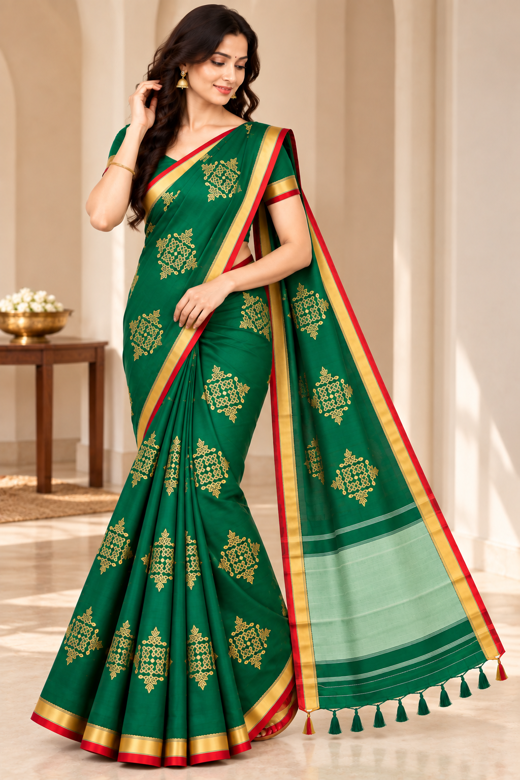 Bottle green Kolam saree styled indoors with gold jewellery
