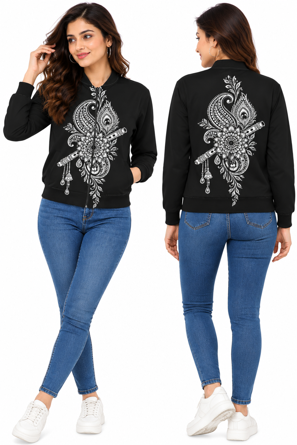 Women's Black Premium Poly Brushed Fleece Flight Bomber Jacket with Krishna-Inspired Paisley Mandala Mural Art Print – Two Pockets