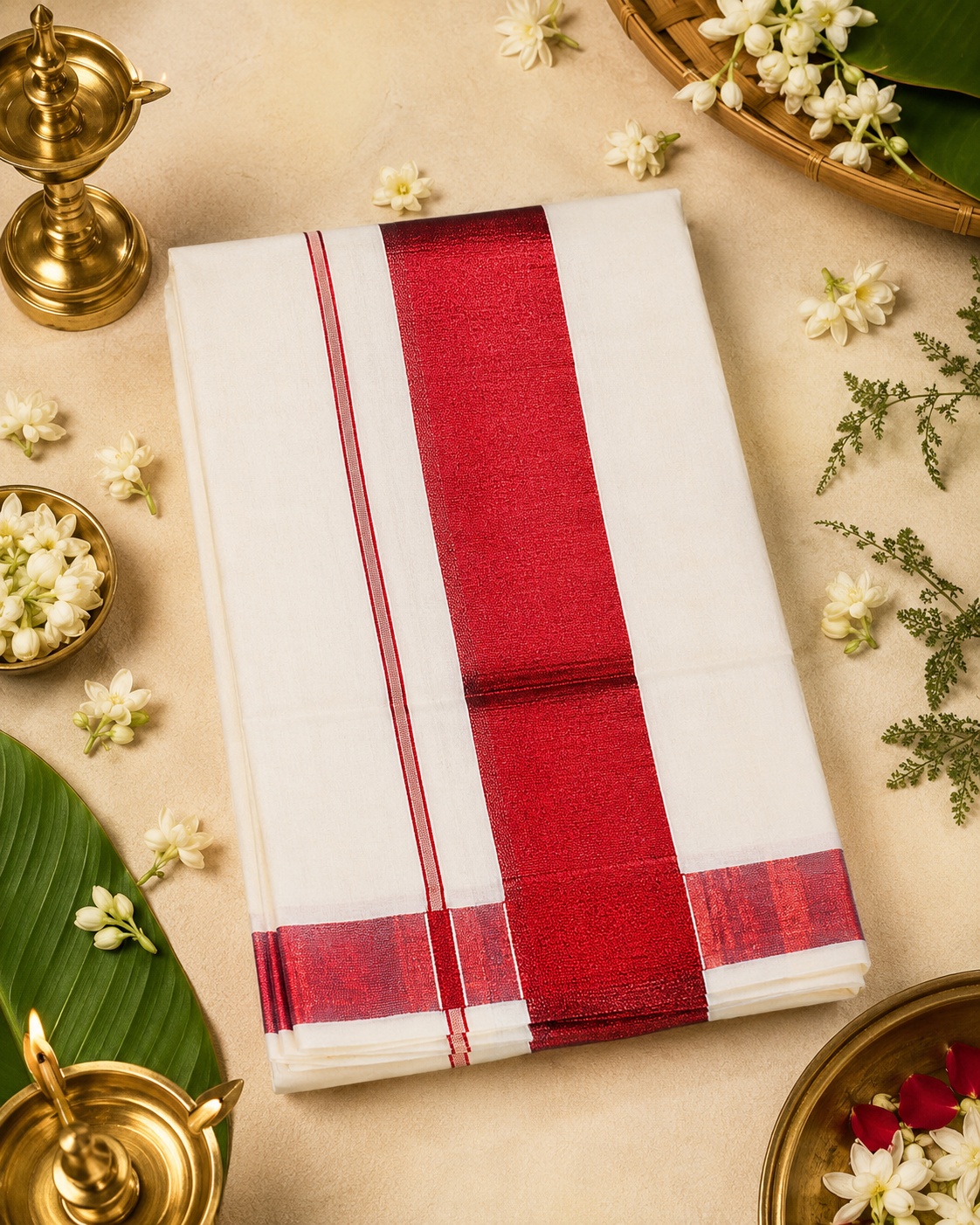 Pure Kerala Kasavu Handwoven Cotton Saree – White & Red - back view | Chindak Textiles