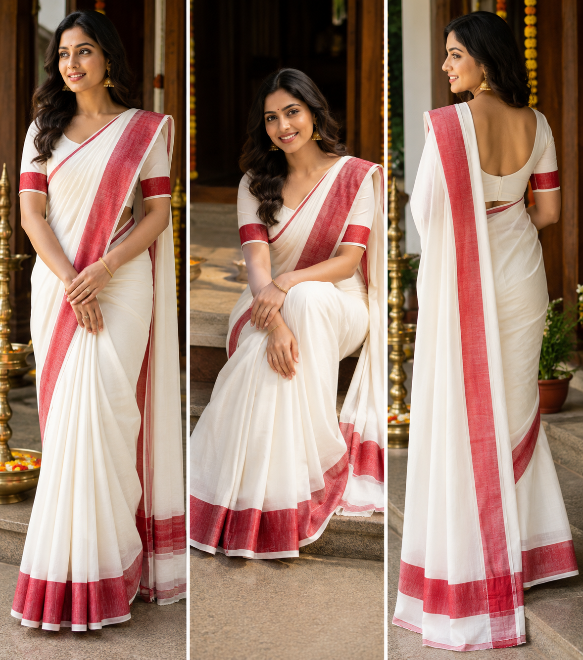 Pure Kerala Kasavu Handwoven Cotton Saree – White & Red - close-up detail view | Chindak Textiles