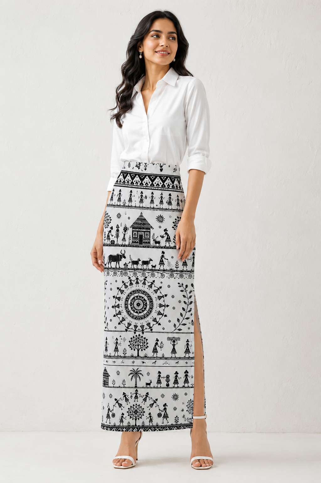Black & White Warli Art Printed Pencil Skirt for Women - Western Wear - close-up detail view | Qikink