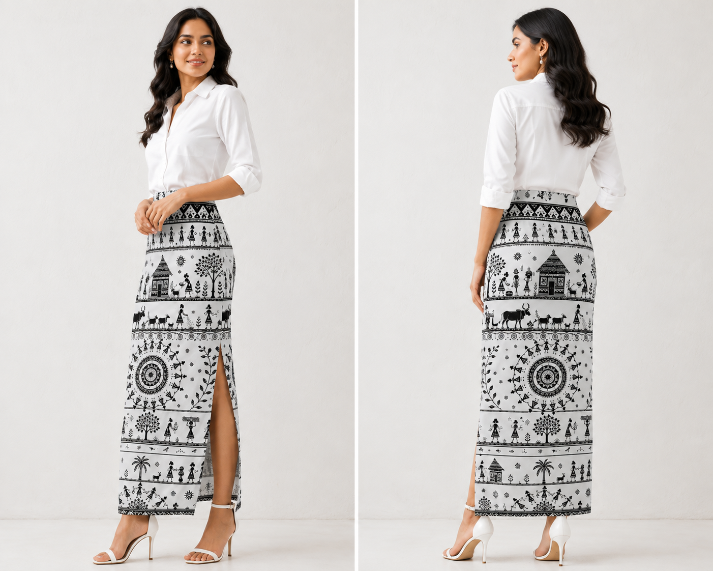 Black & White Warli Art Printed Pencil Skirt for Women - Western Wear - back view | Qikink