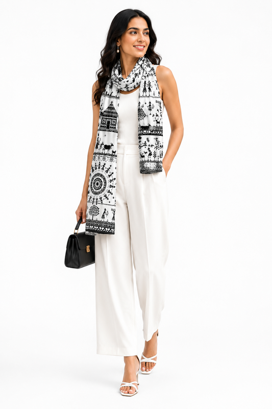 Warli Art Stole for Women - Western Wear - front view | Qikink