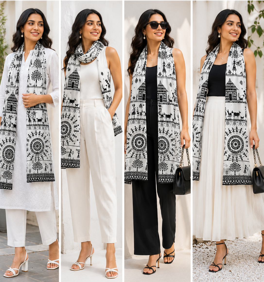 Warli Art Stole for Women - Western Wear - close-up detail view | Qikink