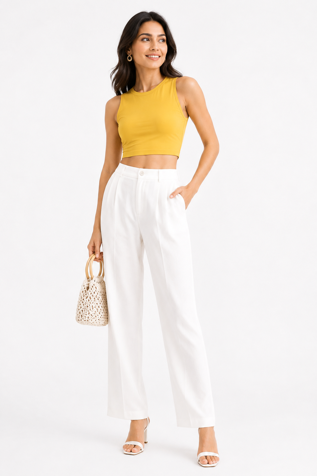 Fire Yellow Stretchable Sleeveless Slim Fit Crop Top for Women - Western Wear - close-up detail view | Qikink