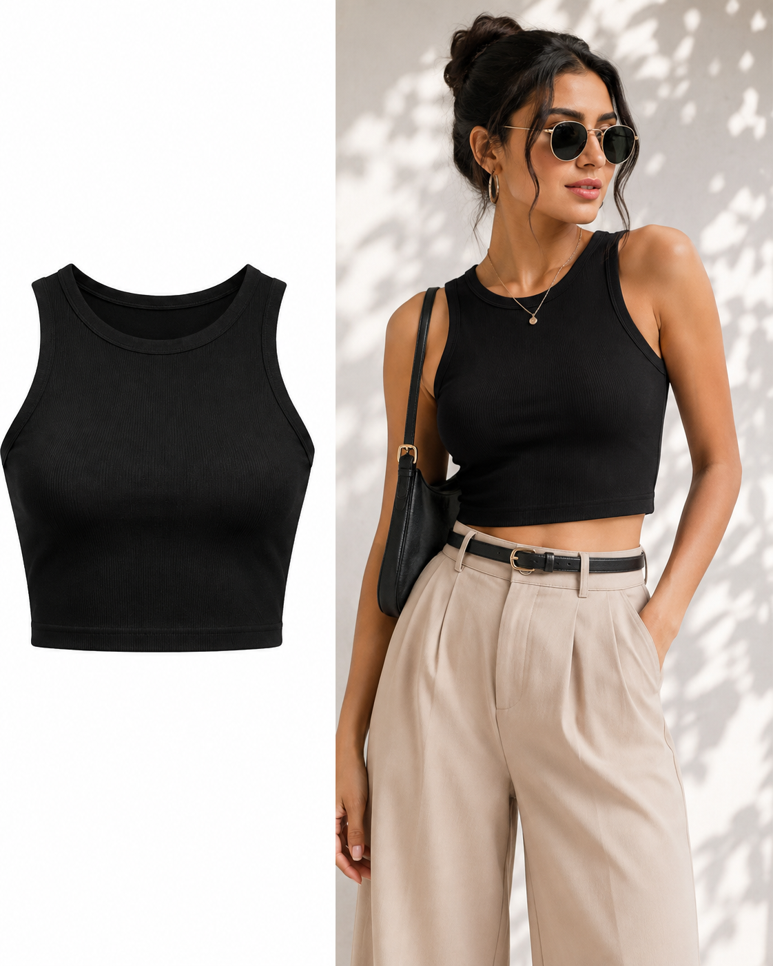 Classic Black Stretchable Sleeveless Slim Fit Crop Top for Women - Western Wear - close-up detail view | Qikink