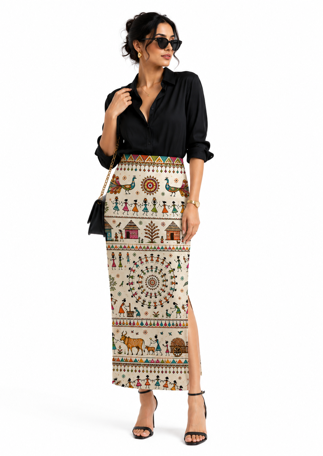Warli Art Printed High-Waist Pencil Midi Skirt for Women - Western Wear - front view | Qikink