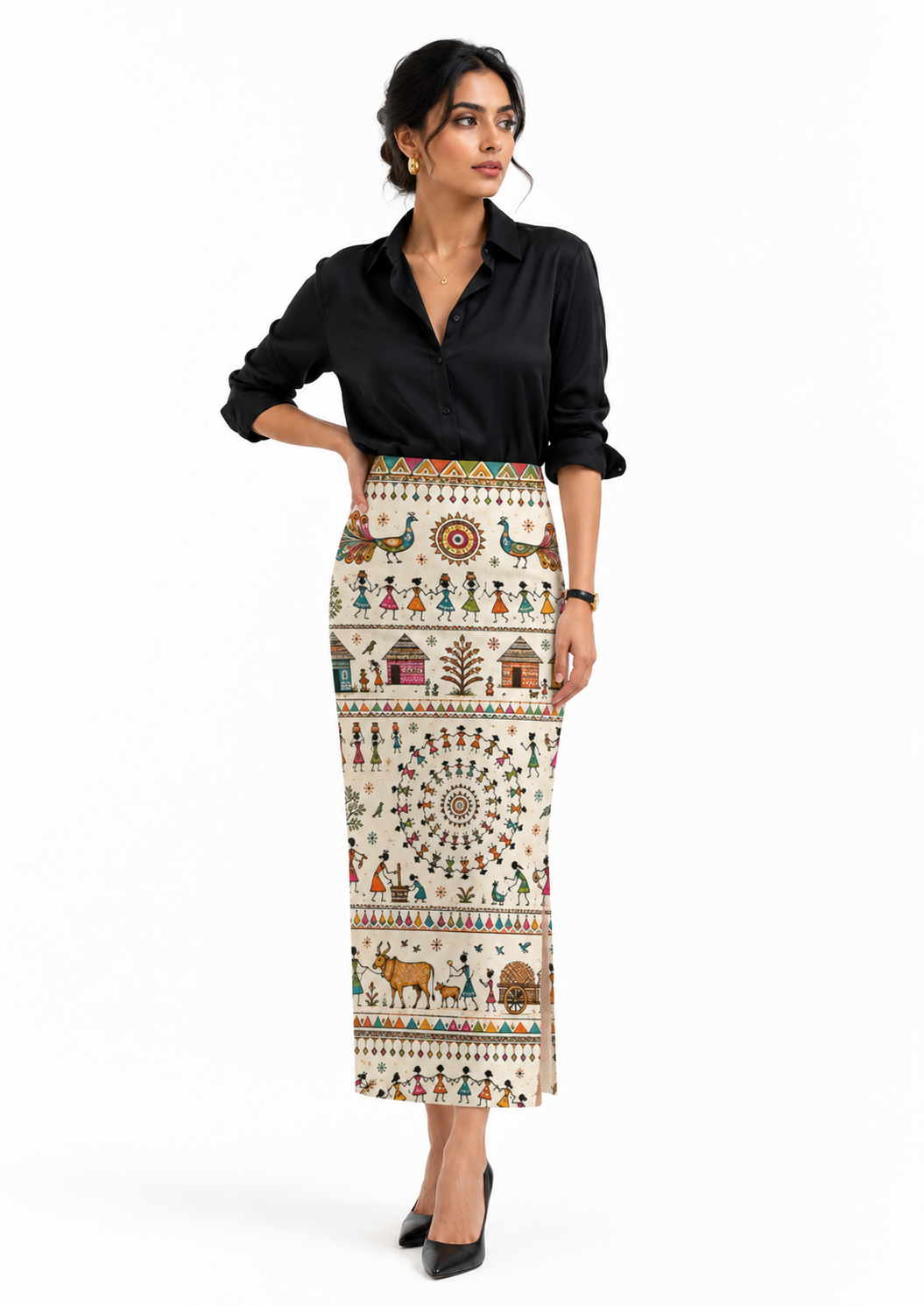 Warli Art Printed High-Waist Pencil Midi Skirt for Women - Western Wear - back view | Qikink