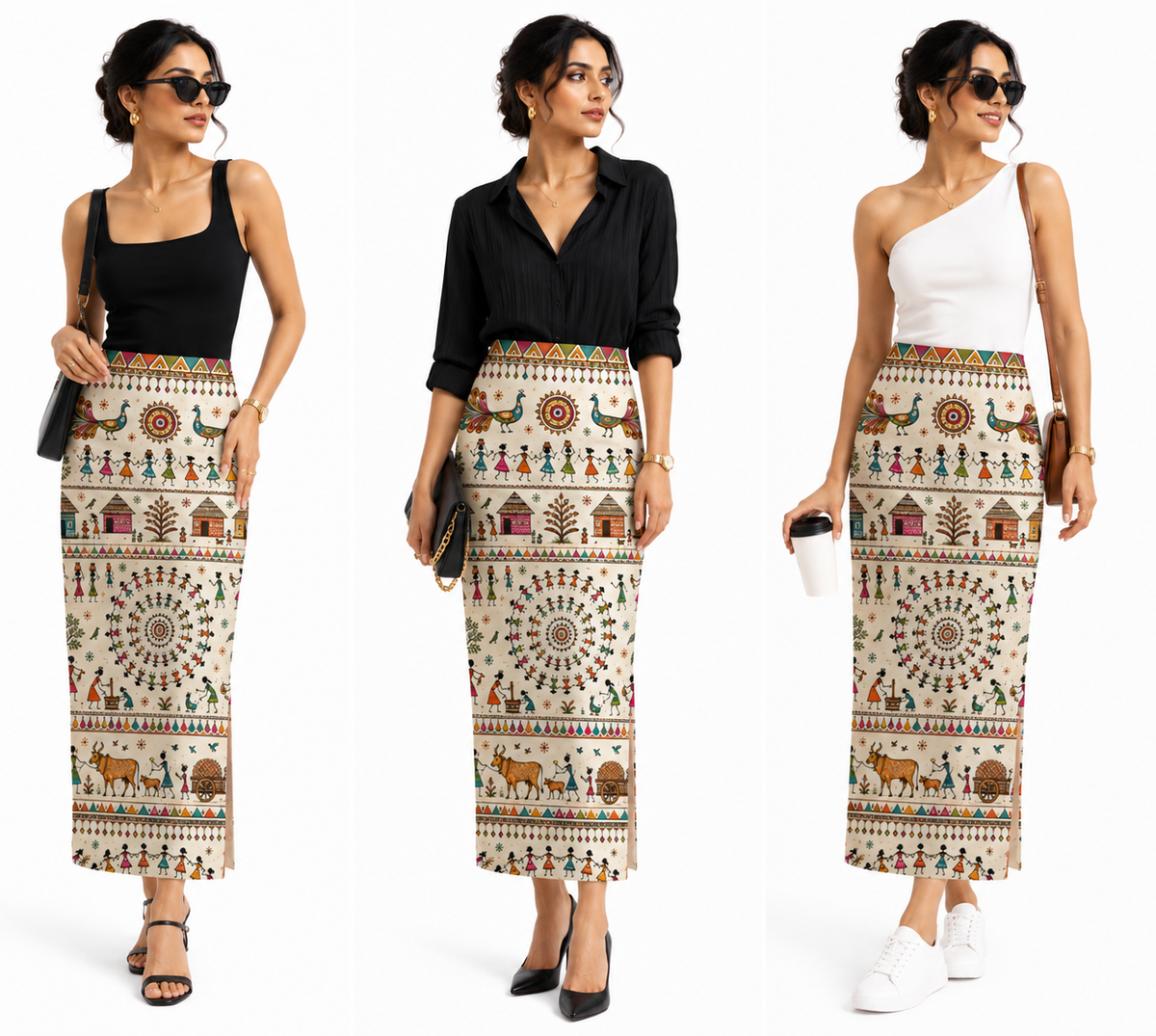 Warli Art Printed High-Waist Pencil Midi Skirt for Women - Western Wear - close-up detail view | Qikink
