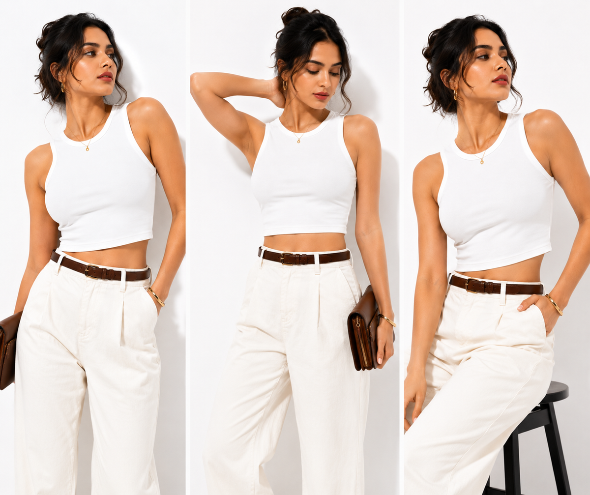 Women’s Sleeveless Slim Fit Crop Top White - Western Wear - close-up detail view | Qikink