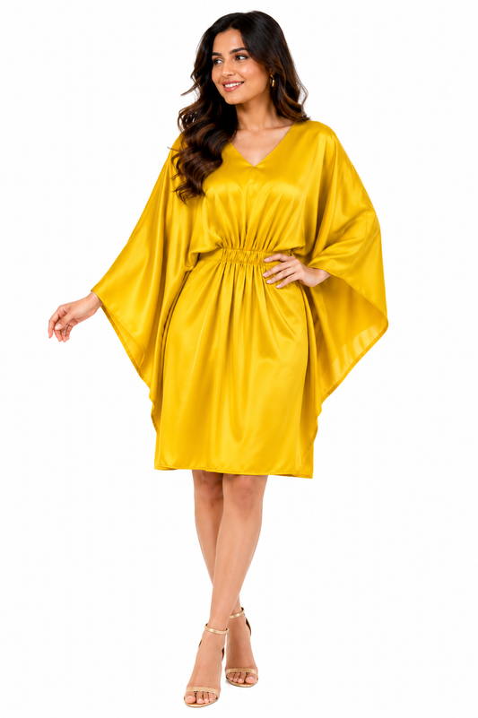 Fire Yellow Short Kaftan Dress for Women, Versatile Hidden Belt, Tunic Dress - Western Wear - front view | Qikink
