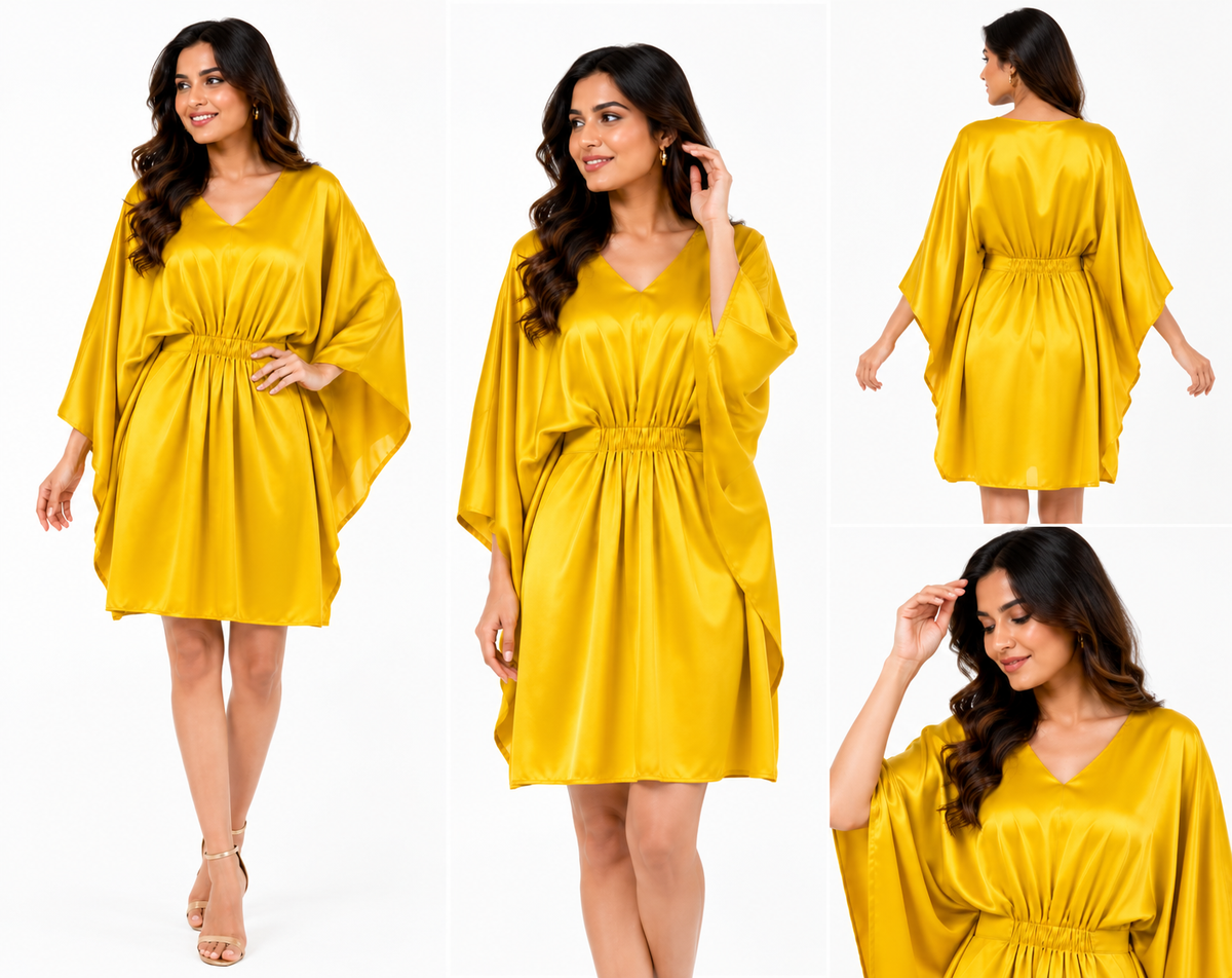 Fire Yellow Short Kaftan Dress for Women, Versatile Hidden Belt, Tunic Dress - Western Wear - back view | Qikink