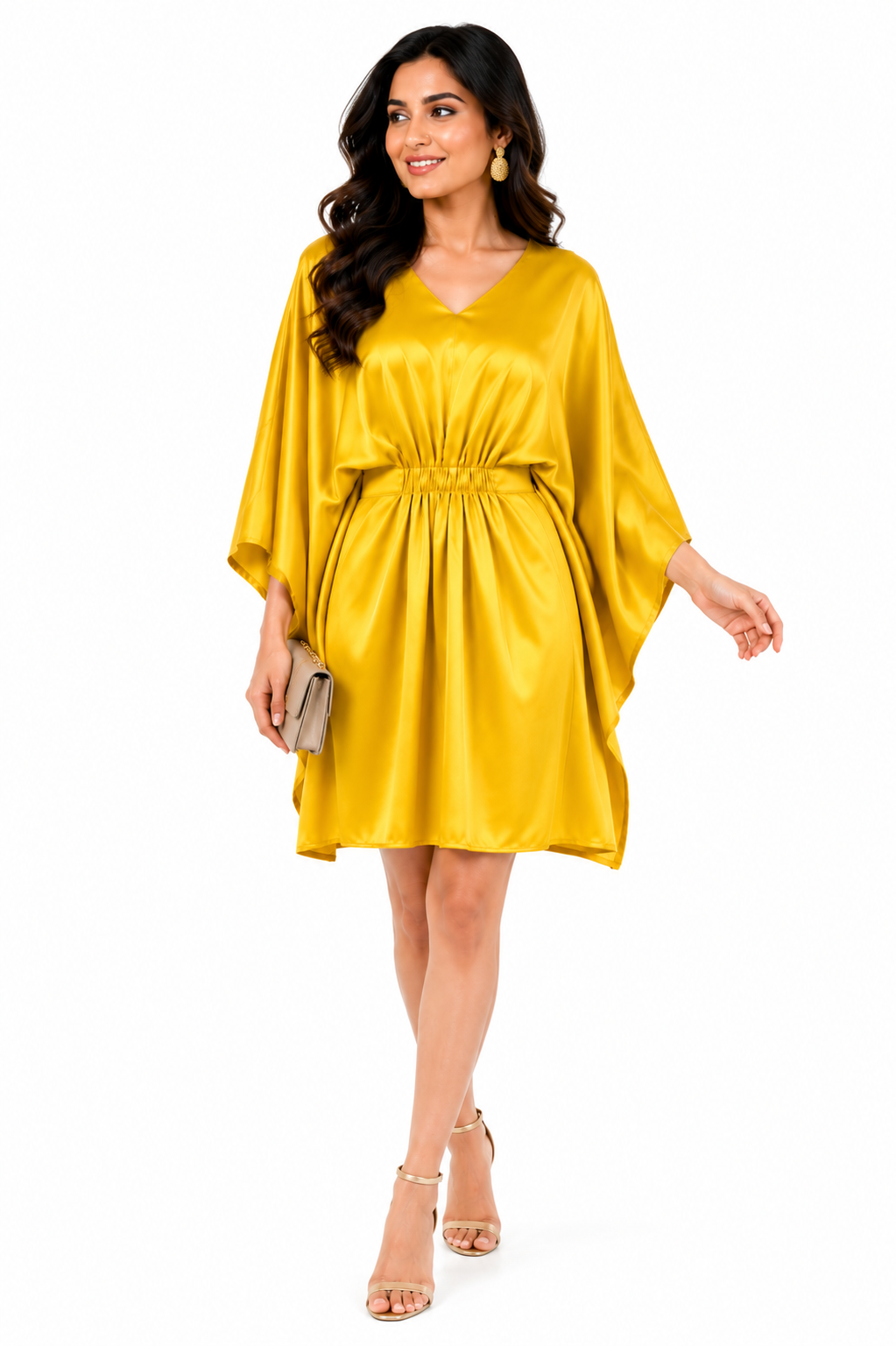 Fire Yellow Short Kaftan Dress for Women, Versatile Hidden Belt, Tunic Dress - Western Wear - close-up detail view | Qikink