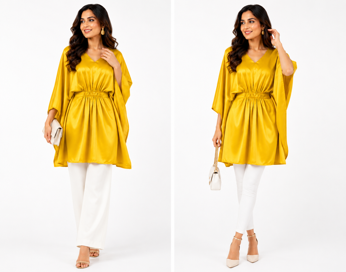Fire Yellow Short Kaftan Dress for Women, Versatile Hidden Belt, Tunic Dress - Western Wear - styled full look | Qikink