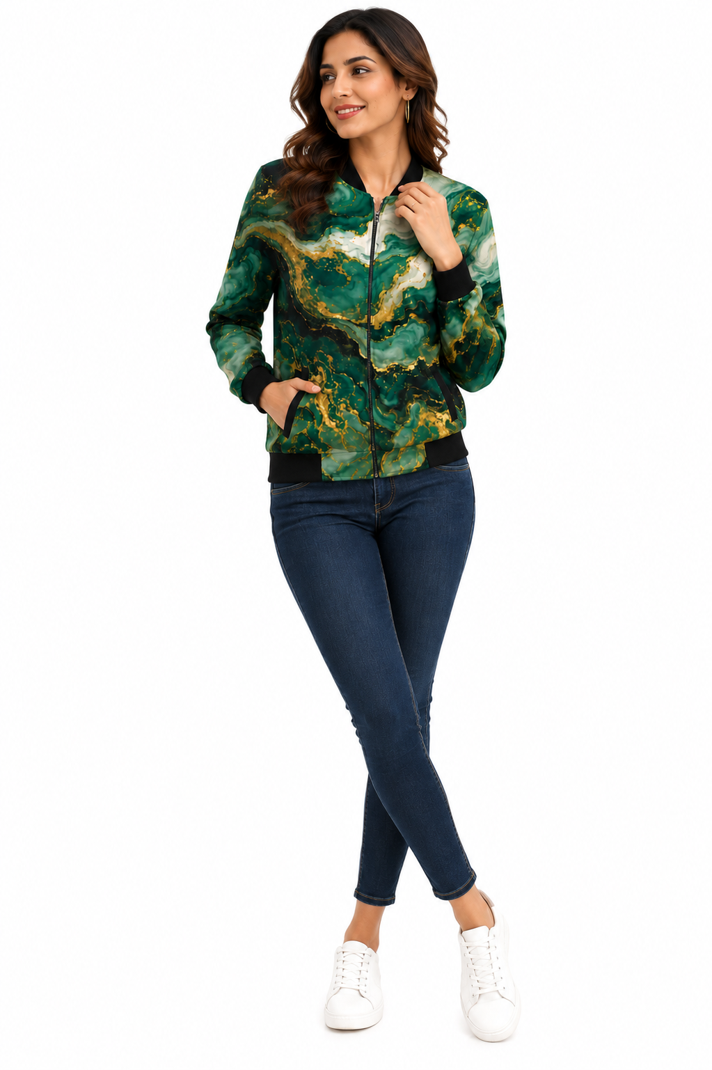 Women’s Green & Gold Marble Print Flight Bomber Jacket - Western Wear - back view | Qikink
