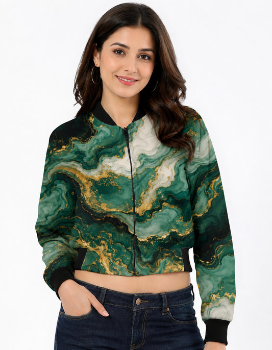 Women’s Green & Gold Marble Print Flight Bomber Jacket - Western Wear - front view | Qikink