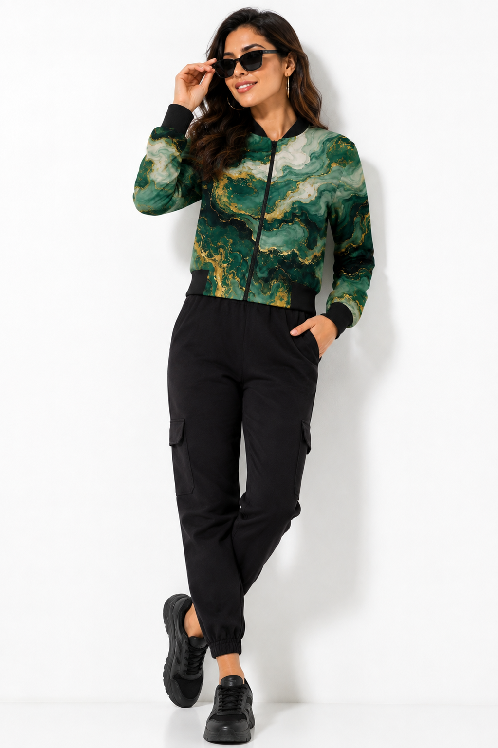 Women’s Green & Gold Marble Print Flight Bomber Jacket - Western Wear - close-up detail view | Qikink