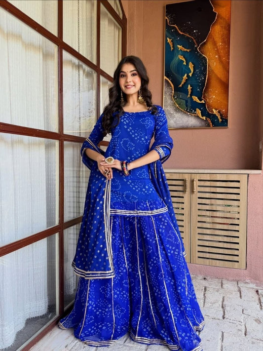Royal Blue Bandhani Georgette Gotta Patti Top Palazzo Dupatta Set – Ready to Wear (Fully Stitched) - Kurti Set - front view | Nardev Fashions