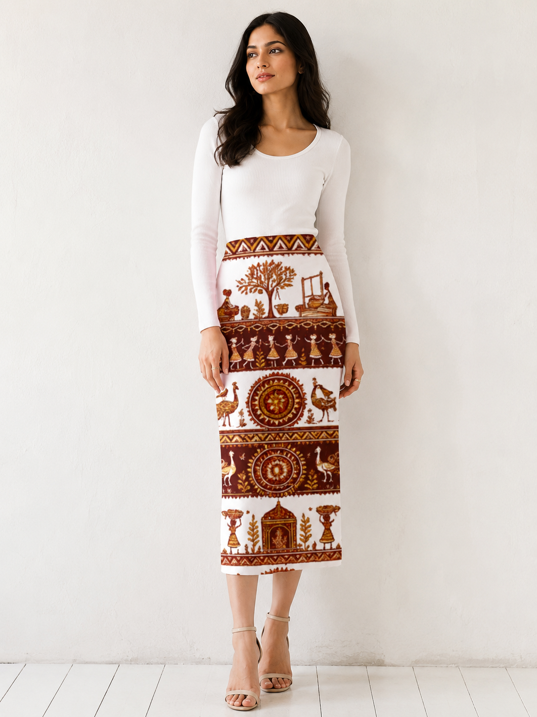 White & Brown Warli Art Printed Midi Skirt for Women - Western Wear - close-up detail view | Qikink