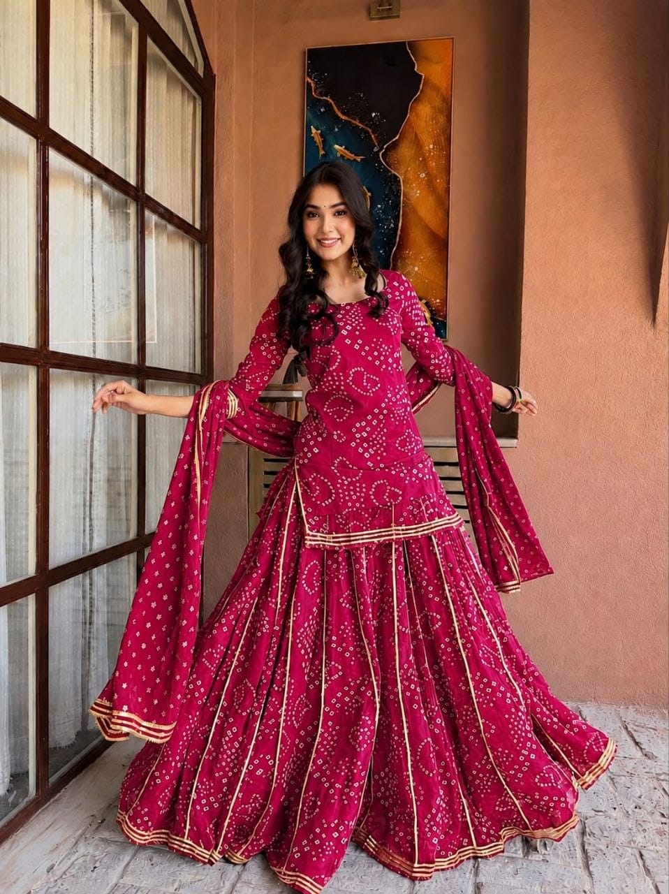 Rani Pink Bandhani Georgette Gotta Patti Top Palazzo Dupatta Set – Ready to Wear (Fully Stitched) - Kurti Set - front view | Nardev Fashions