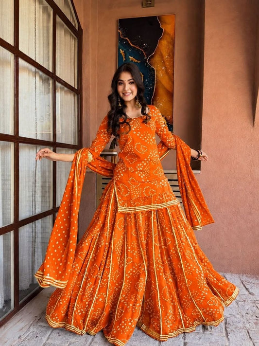 Orange Bandhani Georgette Gotta Patti Top Palazzo Dupatta Set – Ready to Wear (Fully Stitched) - Kurti Set - front view | Nardev Fashions
