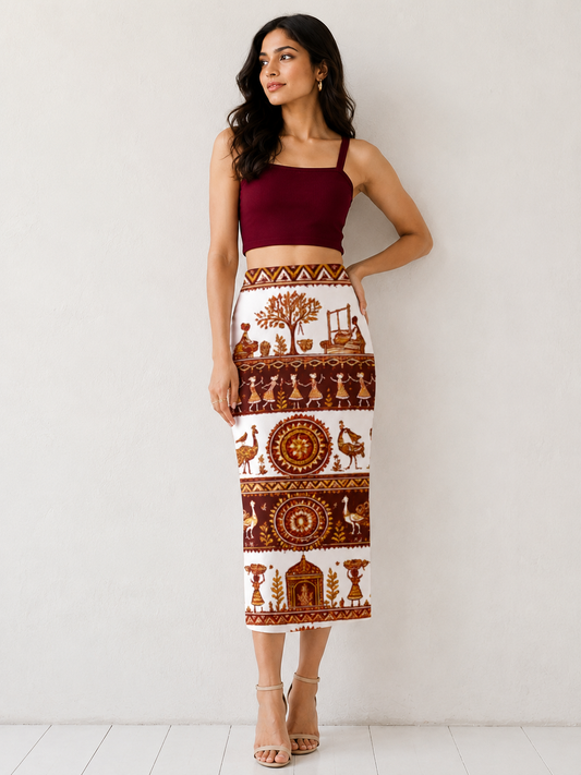 White & Brown Warli Art Printed Midi Skirt for Women - Western Wear - front view | Qikink