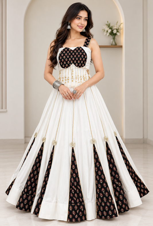 White Black Ajrak Print Cotton Lehenga Choli - studio white background full length standing model showing sweetheart bustier black Ajrak print choli with gold bead latkan tassel fringe waist, white full-flare lehenga with alternating black Ajrak gore panels, gold zari seam lines and cream pompom medallions at gore tips