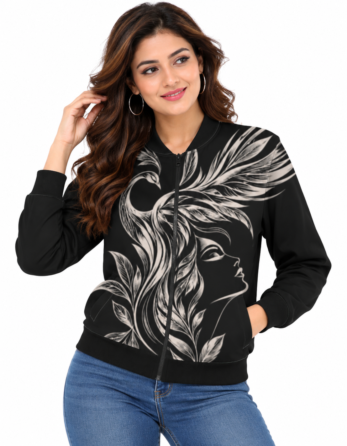 Women's Black Premium Poly Brushed Fleece Flight Bomber Jacket with Ethereal Phoenix Flow Mural Art Print – Zip-Up Jacket with Two Pockets