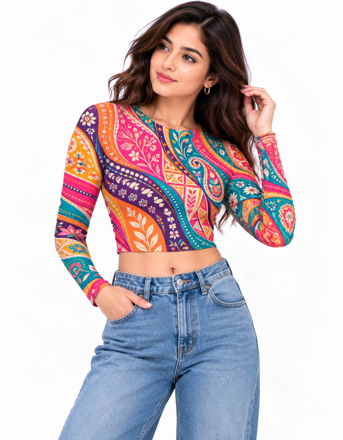 Women's Multicolour Indian Paisley Folk-Art-Inspired Printed Full-Sleeve Crop Top