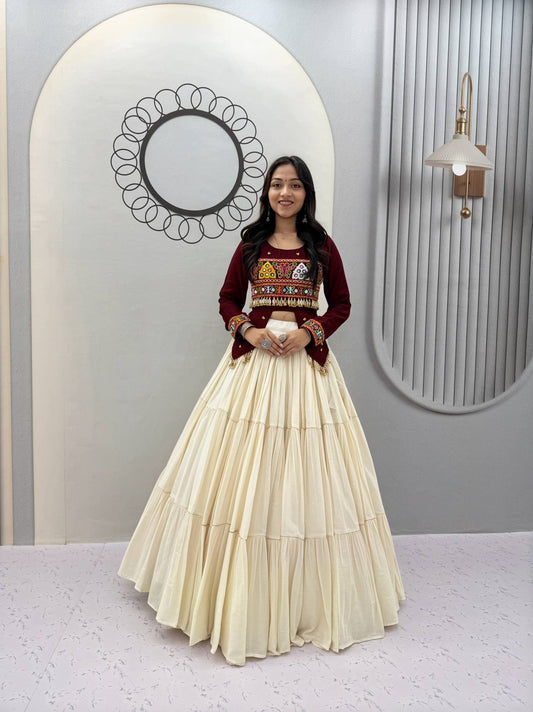 Cream & Maroon Heavy Handwork Lehenga Choli - Western Wear - front view | Nardev Fashions