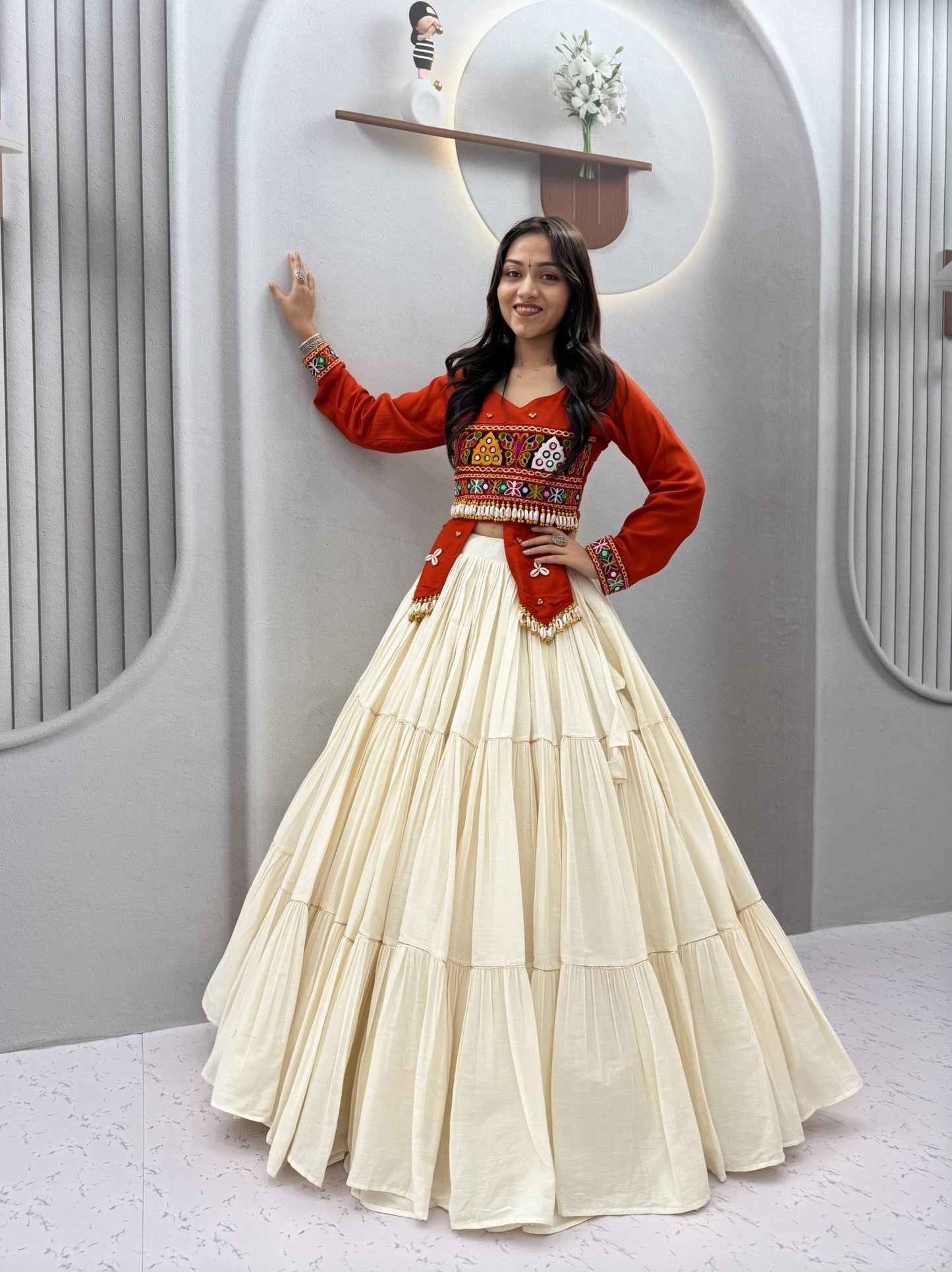 Red & Cream Heavy Handwork Lehenga Choli - Western Wear - front view | Nardev Fashions