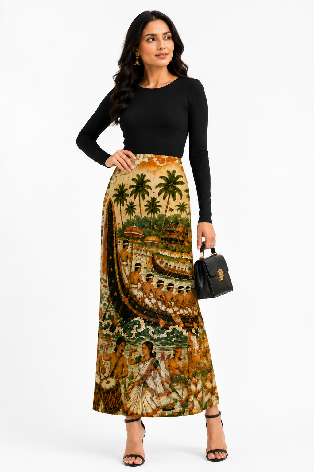 Kerala Boat Race Mural Print 3-Piece Skirt & Crop Top Set - Western Wear - front view | Qikink